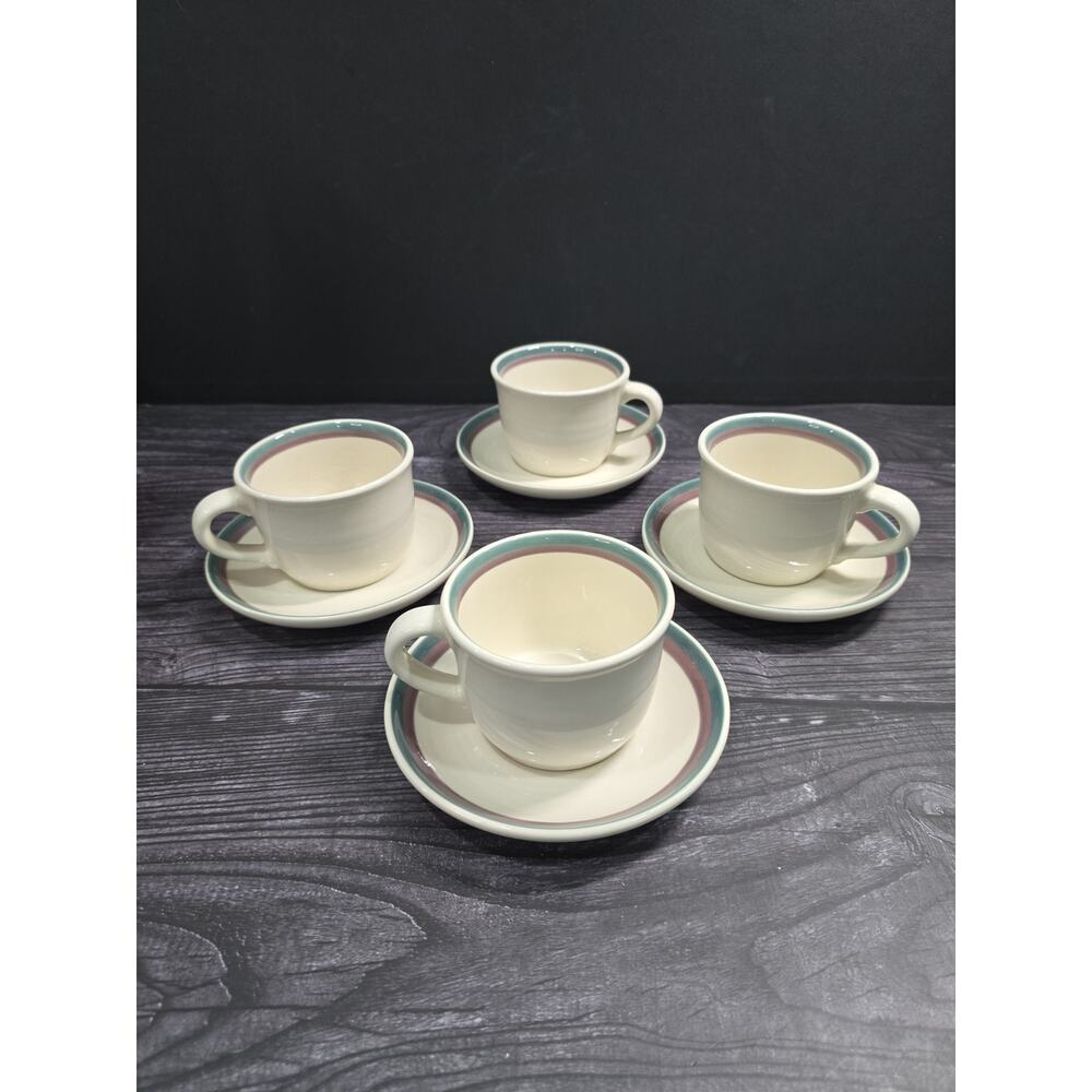 Set of 4 Pfaltzgraff Juniper Stoneware Tea Cups & Saucers - Excellent Condition